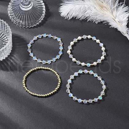 4Pcs 4 Styles Shell Pearl & Synthetic Moonstone & Electroplate Non-magnetic Synthetic Hematite Beads Stretch Bracelet Set BJEW-JB11820-1