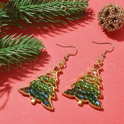 Glass Beaded Christmas Tree Dangle Earrings EJEW-JE05270-1