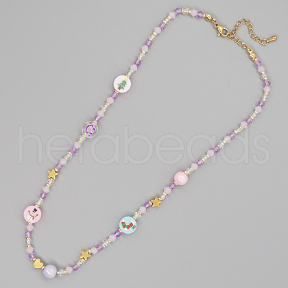 Christmas Theme Glass & Imitation Pearl & Brass Bicone Flat Round Beaded Necklaces GF3195-6-1