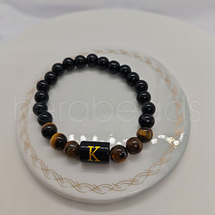 Natural Tiger Eye & Black Obsidian Round Beaded Stretch Braceletes WG32BD9-10-1