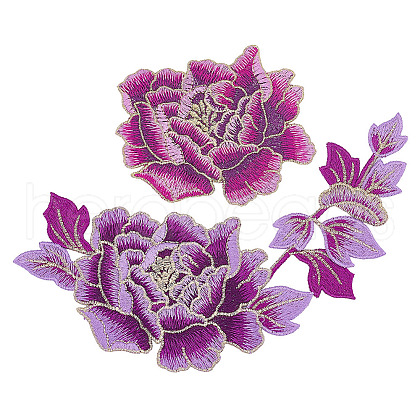  2Pcs 2 Style Peony Polyester Embroidery Sew on Clothing Patches PATC-NB0001-11A-1