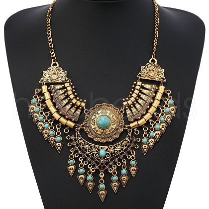 Ethnic Style Zinc Alloy Pave Synthetic Turquoise Teardrop Statement Chunky Bib Necklaces for Women FS-WG23959-01-1