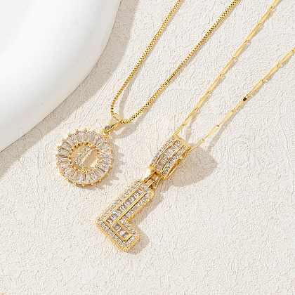 2Pcs 2 Styles Brass Pave Clear Cubic Zirconia Initial Pendant Necklace Sets FS-WGBC393-12-1