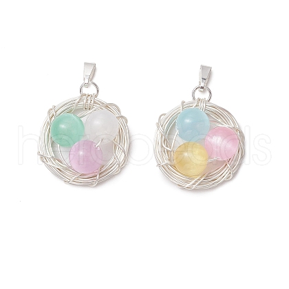 Dyed Natural Selenite Copper Wire Wrapped Bird Egg Nest Pendants PALLOY-TA00228-01-1