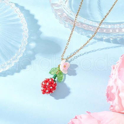 Glass Seed Beaded & Imitation Pearl Flower Pendant 304 Stainless Steel Cable Chain Necklaces for Women NJEW-MZ00115-01-1