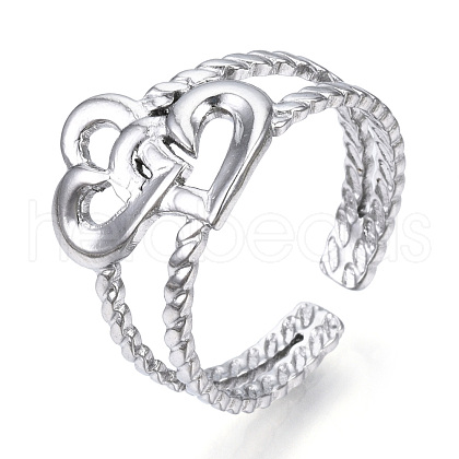 Non-Tarnish 304 Stainless Steel Interlocking Heart Open Cuff Ring RJEW-N040-16-1