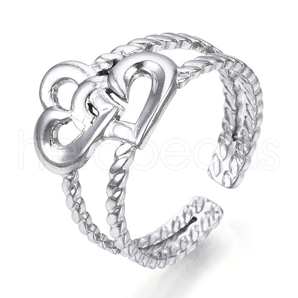 304 Stainless Steel Interlocking Heart Open Cuff Ring RJEW-N040-16-1