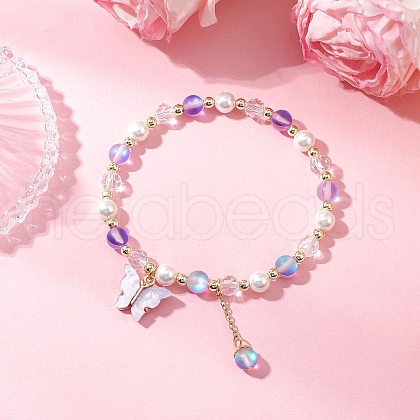 Frosted Dyed Synthetic Moonstone & Shell Pearl Round Beads Stretch Bracelets BJEW-JB11822-03-1