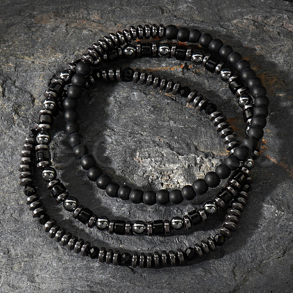3Pcs 3 Styles Natural Black Agate Beads Stretch Bracelet Set for Men EH6354-1