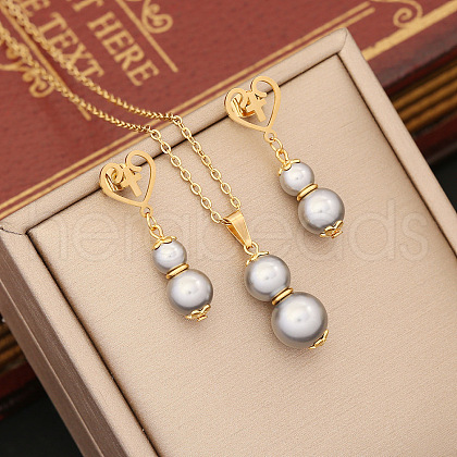 Heart & Gourd Stainless Steel & Plastic Imitation Pearl Pendant Necklace & Stud Dangle Earring FS-WGB6B23-02-1