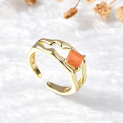 Square Brass Cat Eye Cuff Rings RJEW-G344-01G-04-1