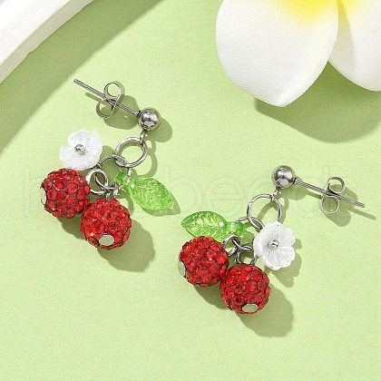 Cherry 304 Stainless Steel Handmade Polymer Clay Rhinestone Dangle Stud Earrings EJEW-JE06429-02-1