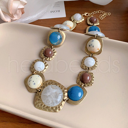 Medieval-Style Alloy Pave Colorful Resin Half Round Link Chain Choker Necklaces for Women FS-WG60C09-06-1