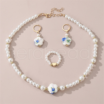 Plum Blossom Pattern Plastic & Porcelain & CCB Earrings & Necklaces & Rings Sets FS-WG584CB-01-1