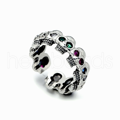 925 Sterling Silver Rhinestones Skull Open Cuff Rings for Unisex PW-WGC11C2-01-1