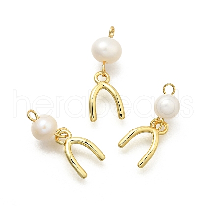 Brass & Natural Pearl U Shaped Pendants KK-Z093-38G-1
