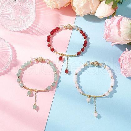 3Pcs Natural Quartz Crystal & Carnelian & Rose Quartz & Green Aventurine Round Beaded Charm Bracelets for Women BJEW-JB11931-1