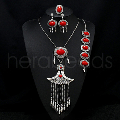 Oval Alloy with Resin Pendant Necklace & Stud Dangle Earring & Link Bracelet & Ring FS-WGB1F06-09-1