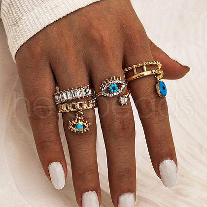 Alloy Rhinestone and Synthetic Turquoise and Enamel Cuff Rings & Finger Rings Set FS-WGD5716-06-1