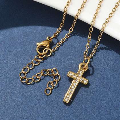 304 Stainless Steel Crystal Rhinestone Cross Pendant Necklaces NJEW-S442-08G-1