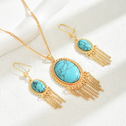 Bohemian Ethnic Oval Synthetic Turquoise Fringed Earrings & Necklaces Sets LA0641-1