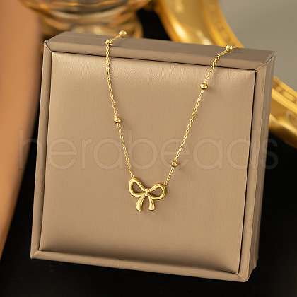 304 Stainless Steel Bowknot Pendant Necklaces for Women NJEW-C088-01G-1
