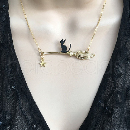 Halloween Alloy Black Cat with Broom Pendant Necklaces for Women FS-WGACF10-02-1