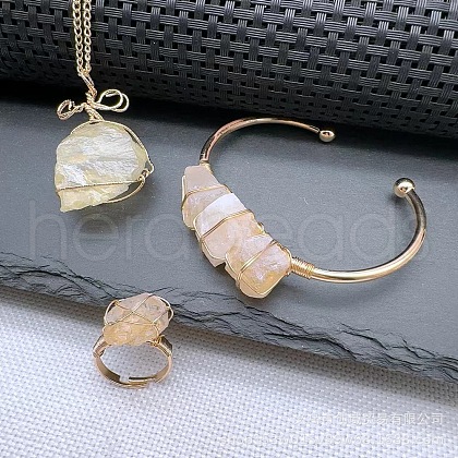 Wire Wrapped Nuggets Natural Yellow Quartz Pendant Necklace & Cuff Bangle & Rings Sets FS-WG99384-03-1