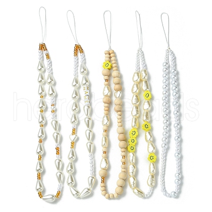 SUPERFINDINGS 1 Set ABS Plastic Imitation Pearl & Wood & Polymer Clay Beaded Mobile Straps HJEW-FH0001-54-1