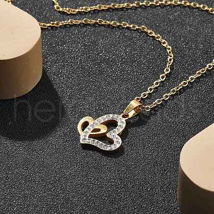 304 Stainless Steel Crystal Rhinestone Heart Pendant Cable Chain Necklaces for Women NJEW-Z056-01A-G-1