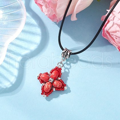 Dyed Synthetic Imperial Jasper & Glass Seed Beaded Star Pendant Black Waxed Cotton Cord Necklaces NJEW-MZ00109-06-1