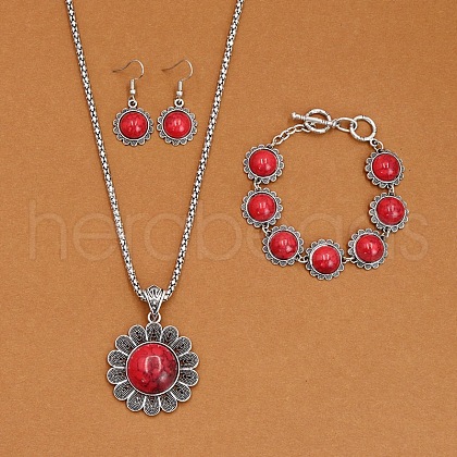 Flower Alloy with Synthetic Turquoise Pendant Necklaces & Dangle Earrings & Link Bracelets Sets WGD1135-15-1
