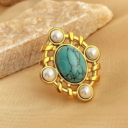 304 Stainless Steel with Turquoise and Plastic Imitation Pearl Adjustable Cuff Rings for Women RJEW-Z096-02G-01-1