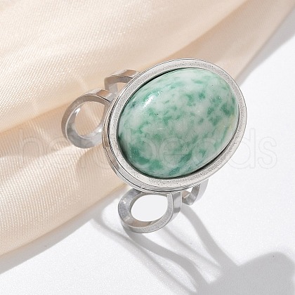 Oval Natural Green Spot Jasper Finger Rings RJEW-M062-02P-13-1