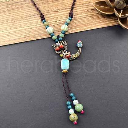 Ethnic Style Moon Alloy & Porcelain Tassel Pendant Long Necklaces for Women FS-WGC9E4C-03-1