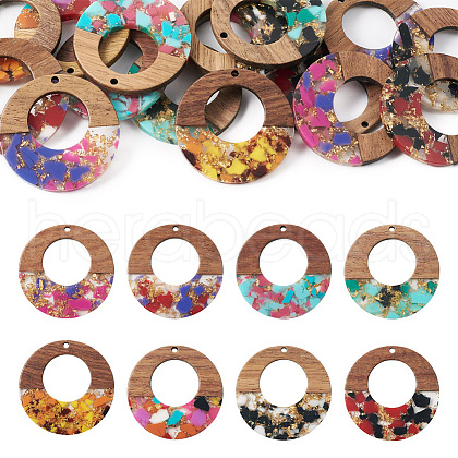 16Pcs 8 Colors Transparent Resin & Walnut Wood Pendants RESI-TA0001-96-1