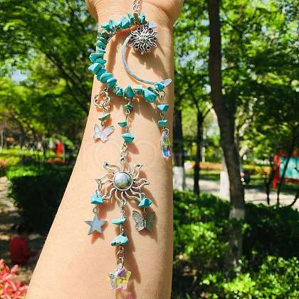 Synthetic Turquoise Chip Wrapped Metal Moon & Sun Hanging Ornaments PW-WG68807-05-1