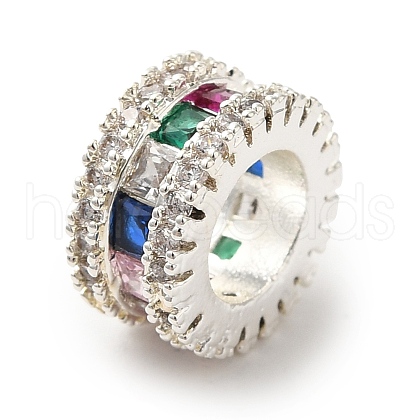 Flat Round Brass Micro Pave Colorful Cubic Zirconia European Beads KK-C072-15S-1