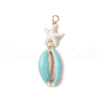 Cowrie Shell Enamel & Synthetic Turquoise Starfish Pendants PALLOY-JF03406-01-1