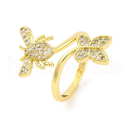 Butterfly & Bee Brass Micro Pave Clear Cubic Zirconia Open Cuff Ring for Women RJEW-U003-10G-1