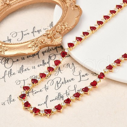 Brass FireBrick & Clear Cubic Zirconia Cup Chain Heart Necklaces for Women NJEW-M079-04G-1