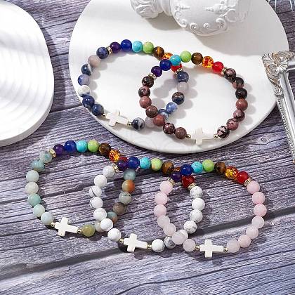Charka Theme Mixed Gemstone Round Beaded Stretch Bracelets for Women Men BJEW-JB11365-1