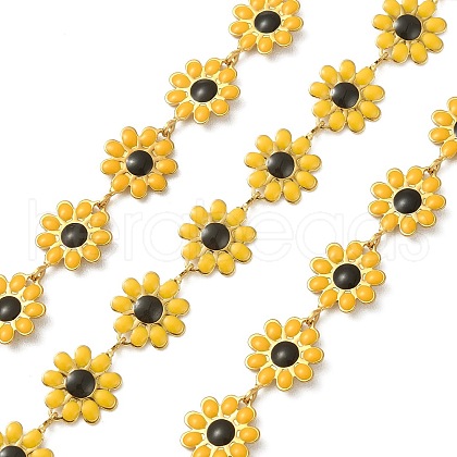 304 Stainless Steel Daisy Flower Link Chains with Enamel AJEW-CJ0001-22A-1