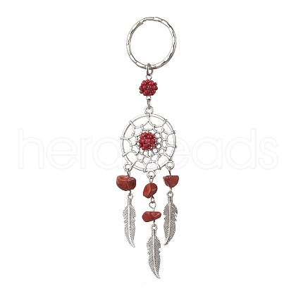 Woven Net/Web with Feather Alloy & Natural Red Jasper & Glass Seed Keychains KEYC-MZ00041-05-1