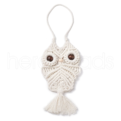 Handmade Woven Cotton Macrame Owl Pendant Decorations HJEW-JM02826-1