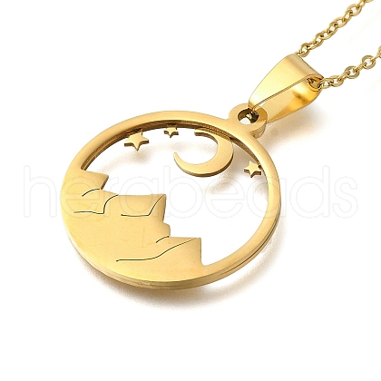 304 Stainless Steel Moon Star Desert Scenery Flat Round Pendant Cable Chain Necklaces for Women NJEW-Q002-01G-1