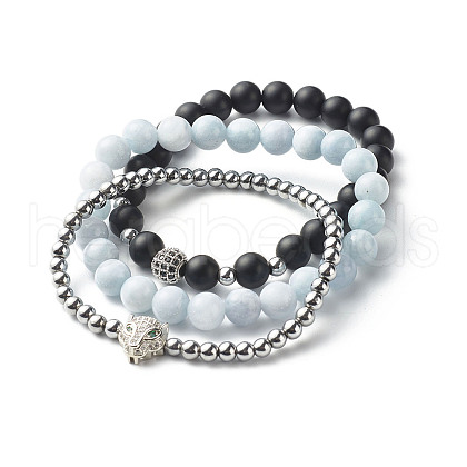 Reiki Crystal Natural Chalcedony Imitation Aquamarine Stretch Bracelets Set for Men Women BJEW-JB06806-01-1