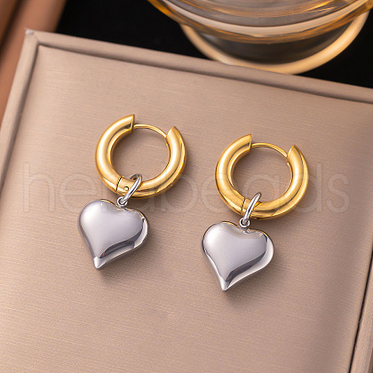 304 Stainless Steel Two Tone Heart Hoop Earrings EJEW-Z097-02GP-01-1