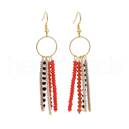 Natural Red Agate & Glass Seed Beaded Tassel Earrings EJEW-JE04805-1