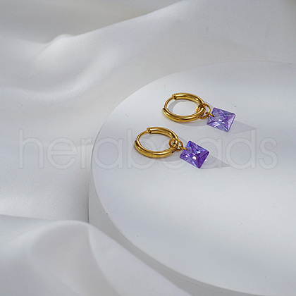 Elegant Stainless Steel Purple Cubic Zirconia Rectangle Hoop Earrings LR9784-1